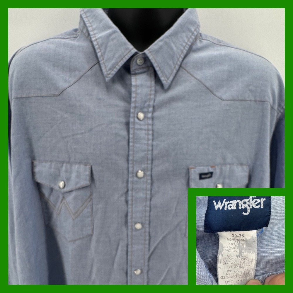 Vintage Wrangler Western Shirt Mens Big Grande Blue Pearl Snap Long Sleeve